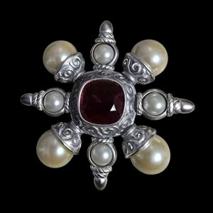 Vintage Maltese Cross Silver Scroll w/ Pearl and Red Faceted Glass Brooch